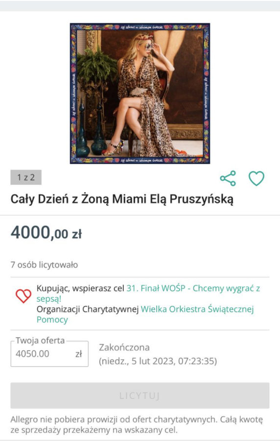 Bohaterka Żon Miami, Ela Pruszyńska, organizuje aukcję na rzecz WOŚP - zwycięzcą został 'Pizza u Rudika' 1 aukcja Wielkiej Orkiestry Świątecznej Pomocy 2023r